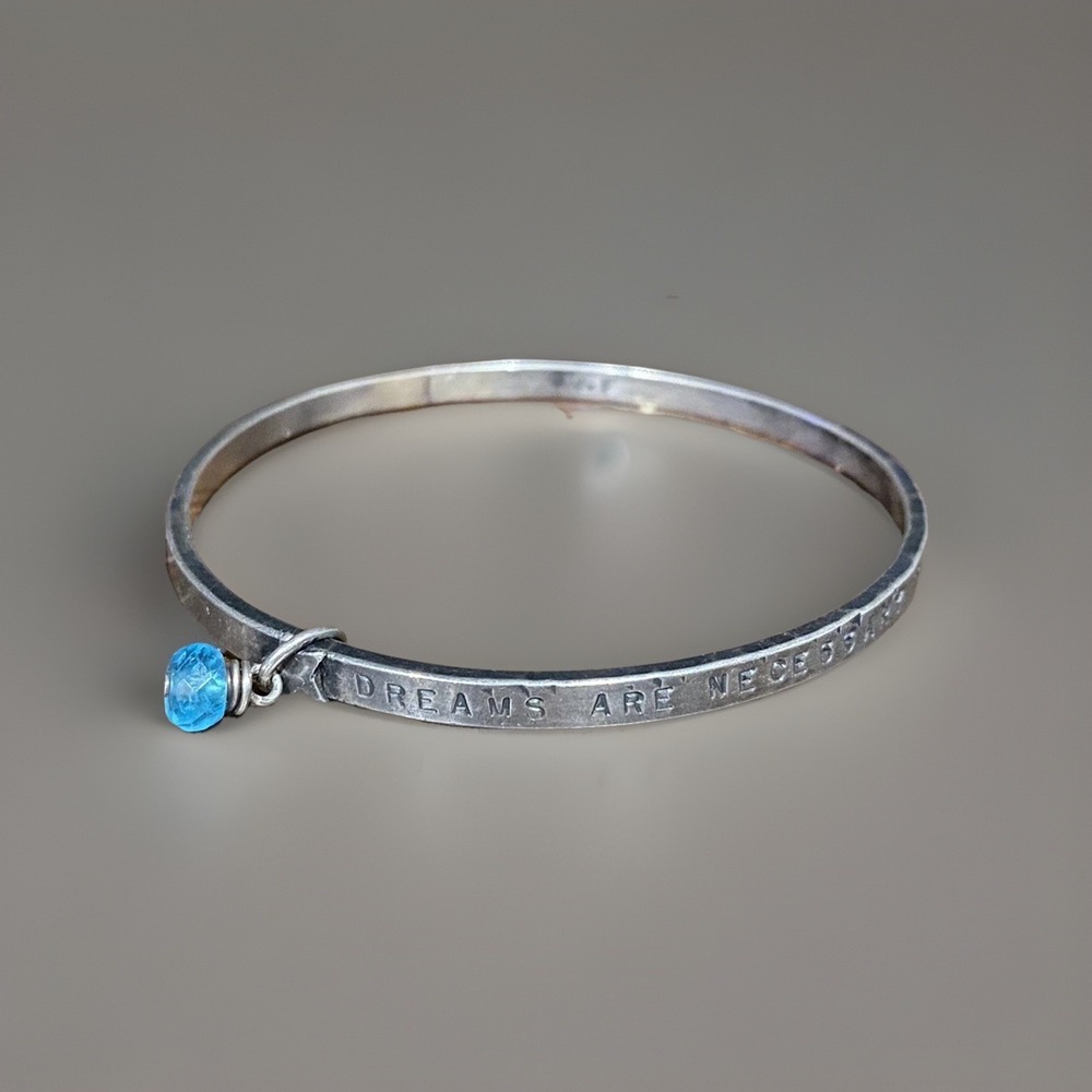 Silver Bangle Bracelet - DREAMS ARE NECESSARY Blue Stone Charm